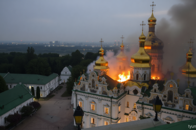 Russia bombards Kyiv with drones and missiles, sets fire to historic cathedral
